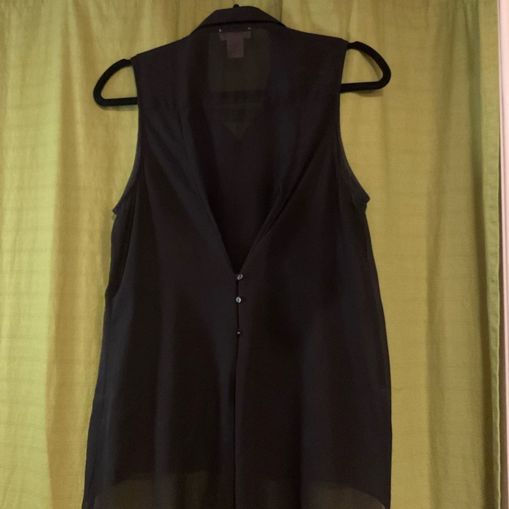 Sheer Black Rushed Back Button Up Sleeveless Blou… - image 2